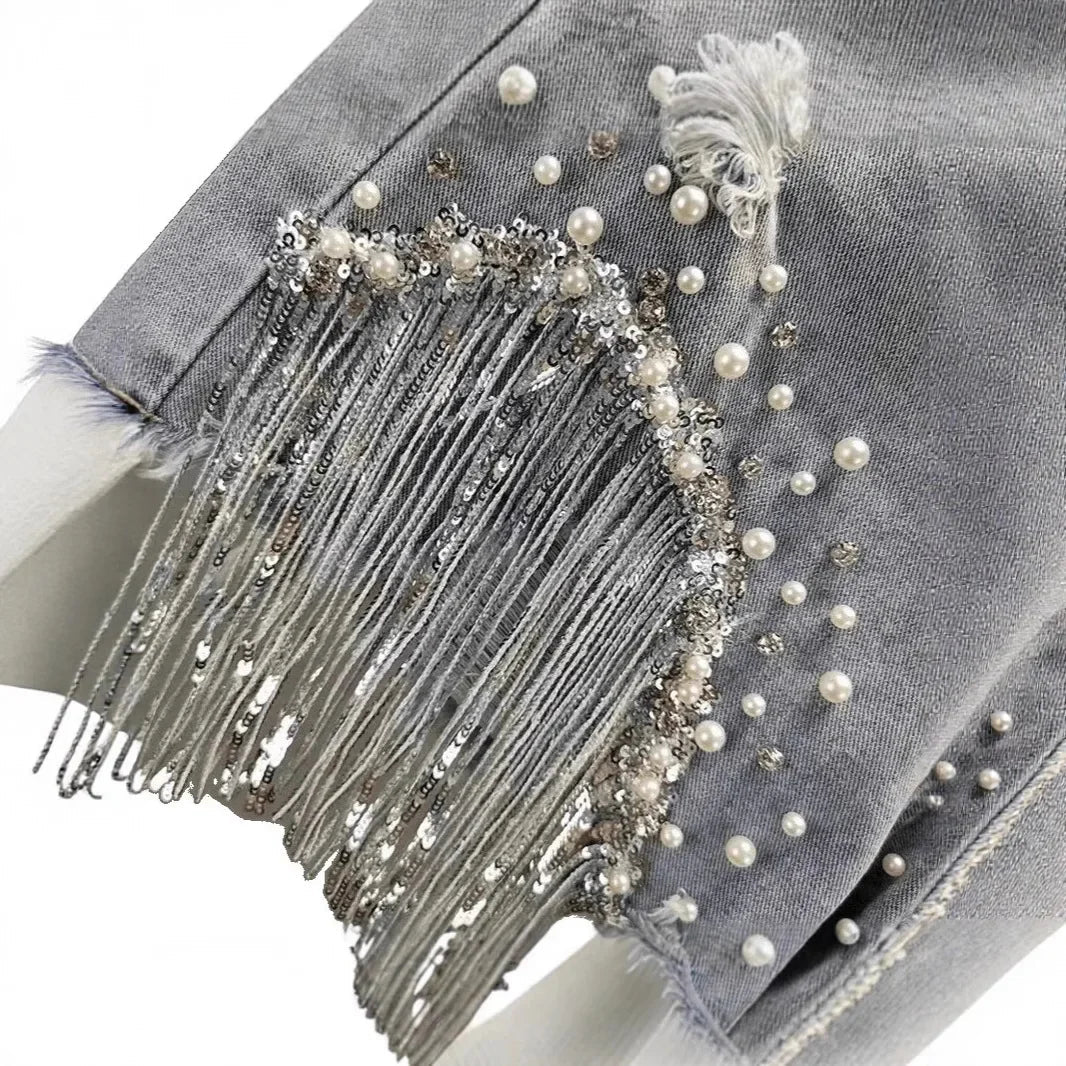 Shorts Jeans a Vita Alta con Frange di Strass e Perle. - Rosboutiquechic