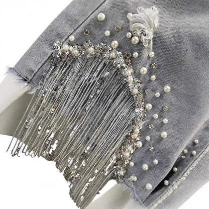 Shorts Jeans a Vita Alta con Frange di Strass e Perle. - Rosboutiquechic