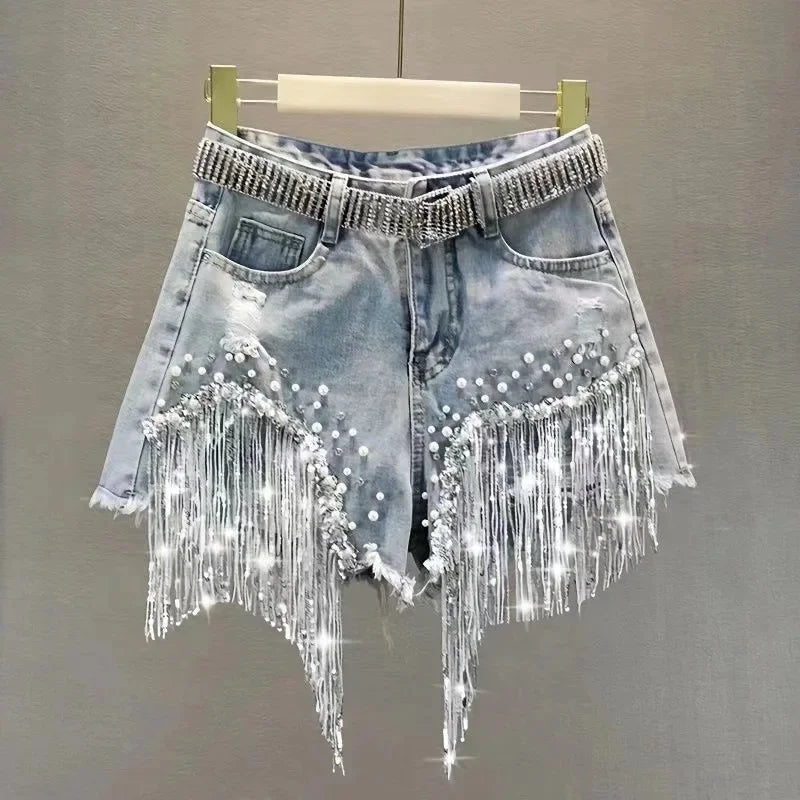 Shorts Jeans a Vita Alta con Frange di Strass e Perle. - Rosboutiquechic