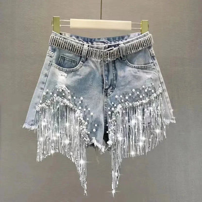 Shorts Jeans a Vita Alta con Frange di Strass e Perle. - Rosboutiquechic