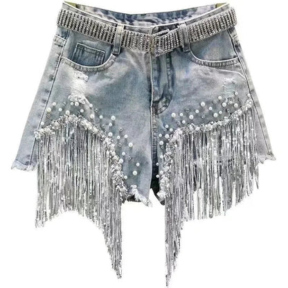 Shorts Jeans a Vita Alta con Frange di Strass e Perle. - Rosboutiquechic