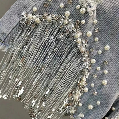 Shorts Jeans a Vita Alta con Frange di Strass e Perle. - Rosboutiquechic