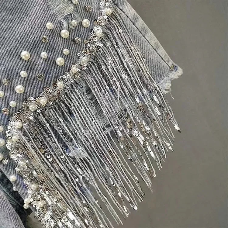 Shorts Jeans a Vita Alta con Frange di Strass e Perle. - Rosboutiquechic