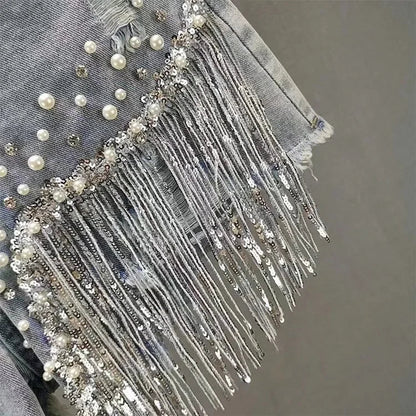 Shorts Jeans a Vita Alta con Frange di Strass e Perle. - Rosboutiquechic