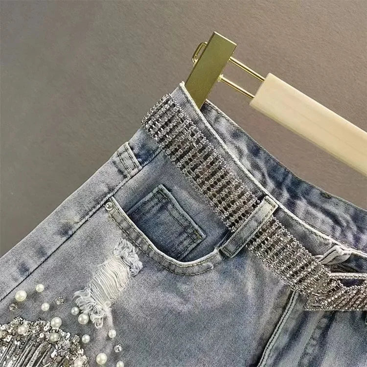Shorts Jeans a Vita Alta con Frange di Strass e Perle. - Rosboutiquechic