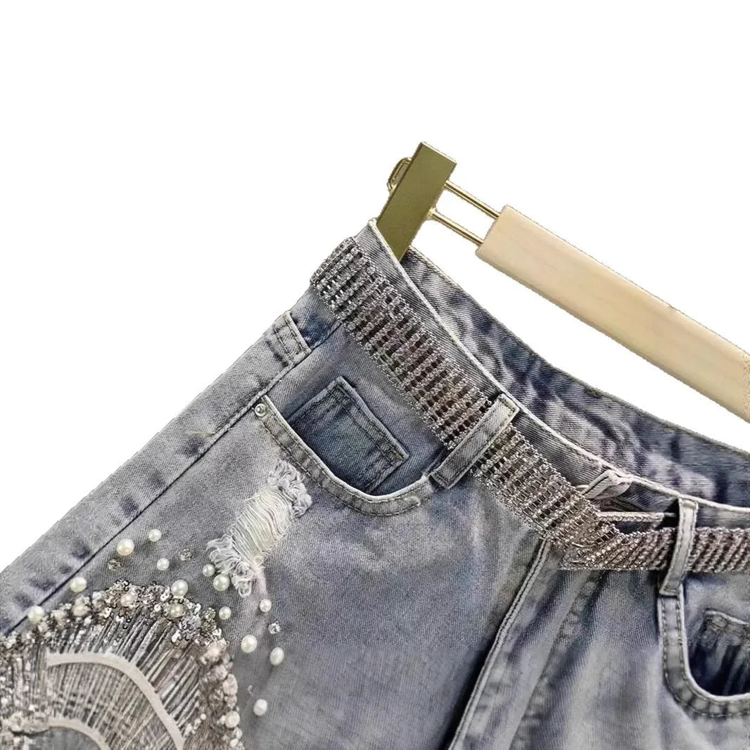 Shorts Jeans a Vita Alta con Frange di Strass e Perle. - Rosboutiquechic