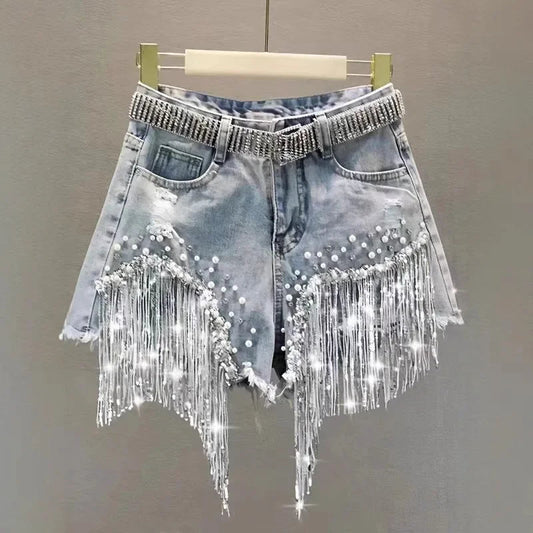 Shorts Jeans a Vita Alta con Frange di Strass e Perle. - Rosboutiquechic