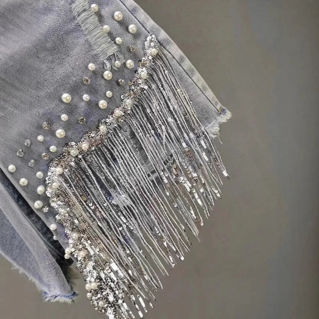 Shorts Jeans a Vita Alta con Frange di Strass e Perle. - Rosboutiquechic