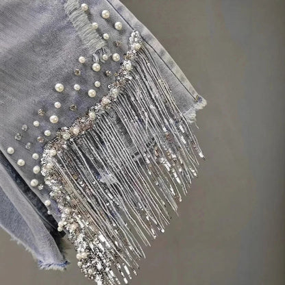 Shorts Jeans a Vita Alta con Frange di Strass e Perle. - Rosboutiquechic