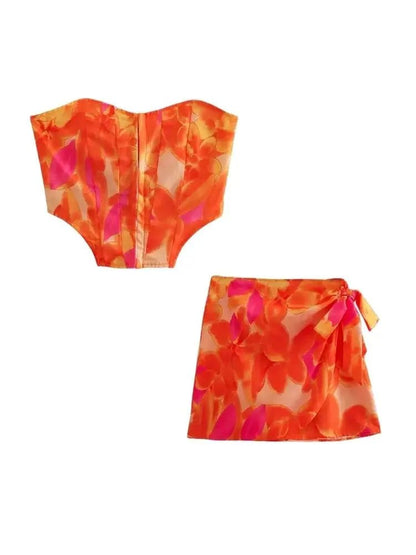 Top Bustier e Minigonna a Portafoglio con Stampa Astratta - Rosboutiquechic