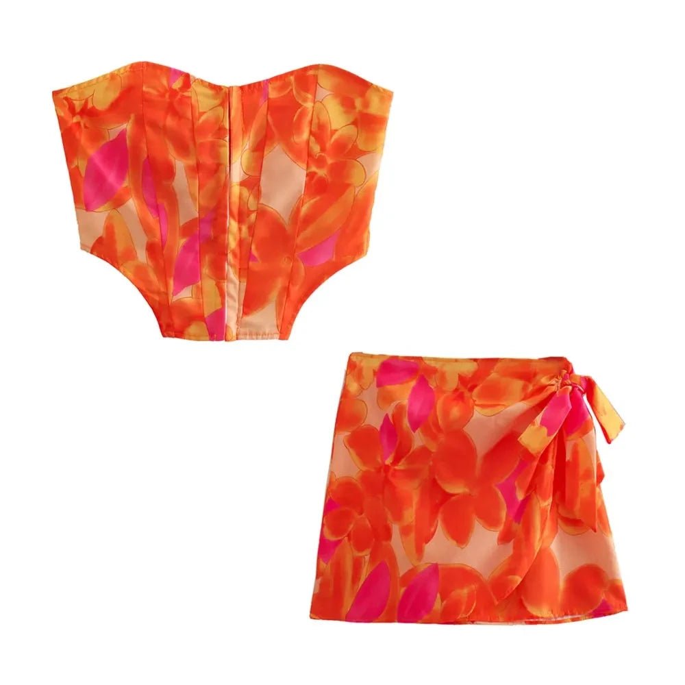 Top Bustier e Minigonna a Portafoglio con Stampa Astratta - Rosboutiquechic