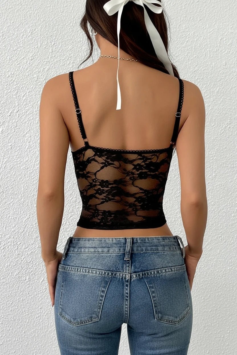Top Corsetto in Pizzo Nero Y2K con Spalline Sottili - Rosboutiquechic