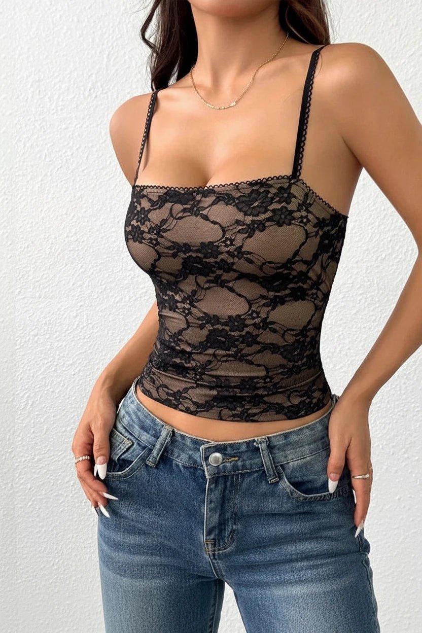 Top Corsetto in Pizzo Nero Y2K con Spalline Sottili - Rosboutiquechic