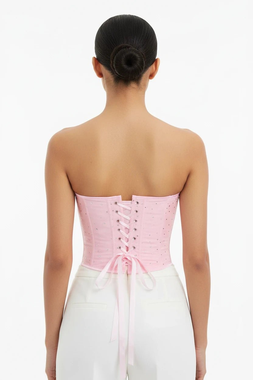 Top Corsetto Rosa Glitter con Scollo a Cuore e Stringhe Posteriori - Rosboutiquechic