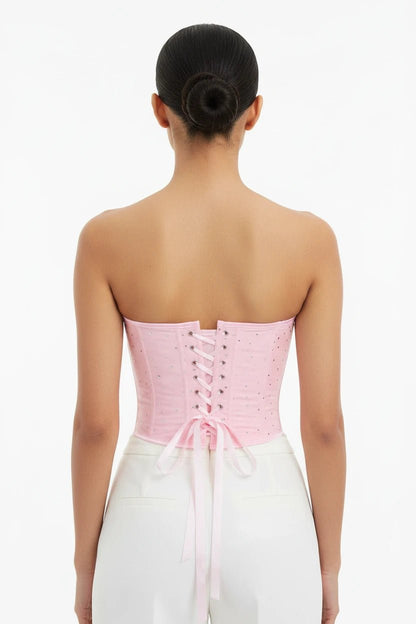 Top Corsetto Rosa Glitter con Scollo a Cuore e Stringhe Posteriori - Rosboutiquechic