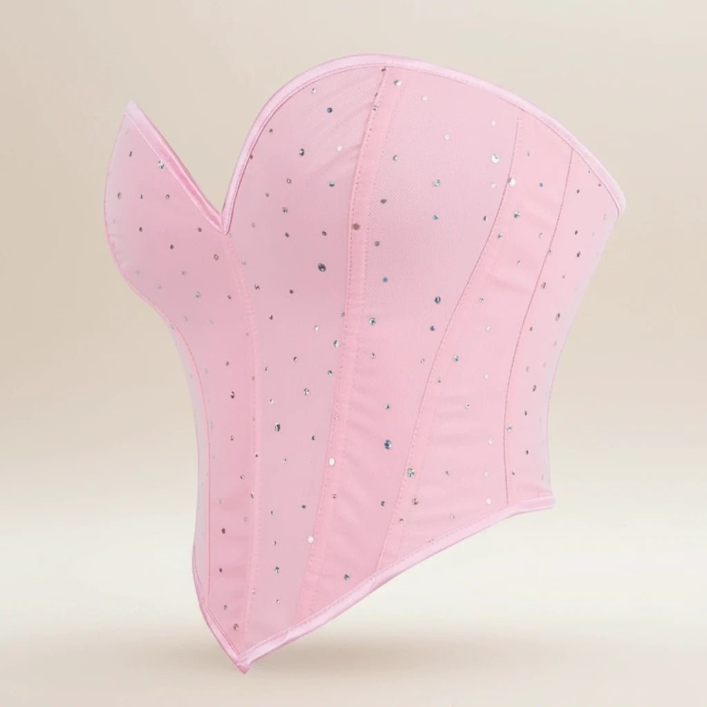 Top Corsetto Rosa Glitter con Scollo a Cuore e Stringhe Posteriori - Rosboutiquechic