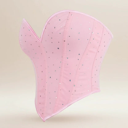 Top Corsetto Rosa Glitter con Scollo a Cuore e Stringhe Posteriori - Rosboutiquechic