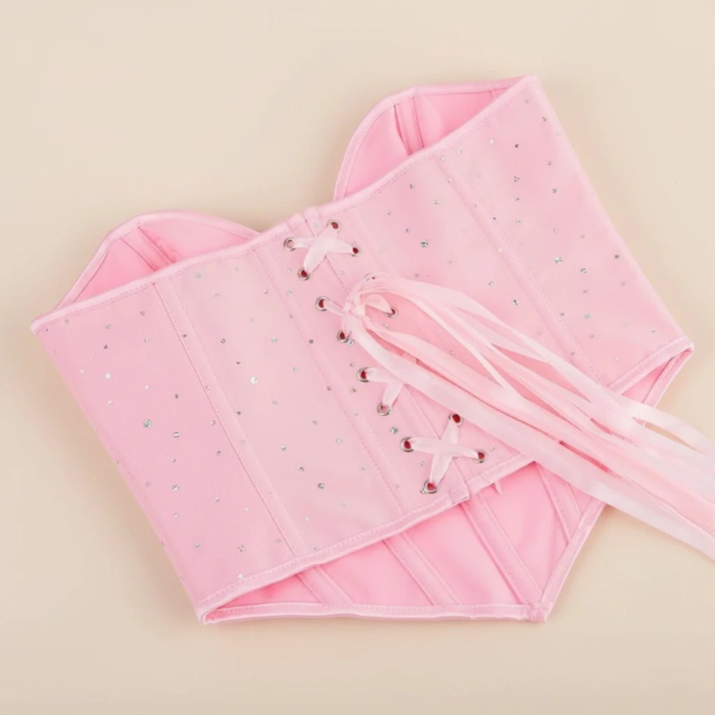 Top Corsetto Rosa Glitter con Scollo a Cuore e Stringhe Posteriori - Rosboutiquechic