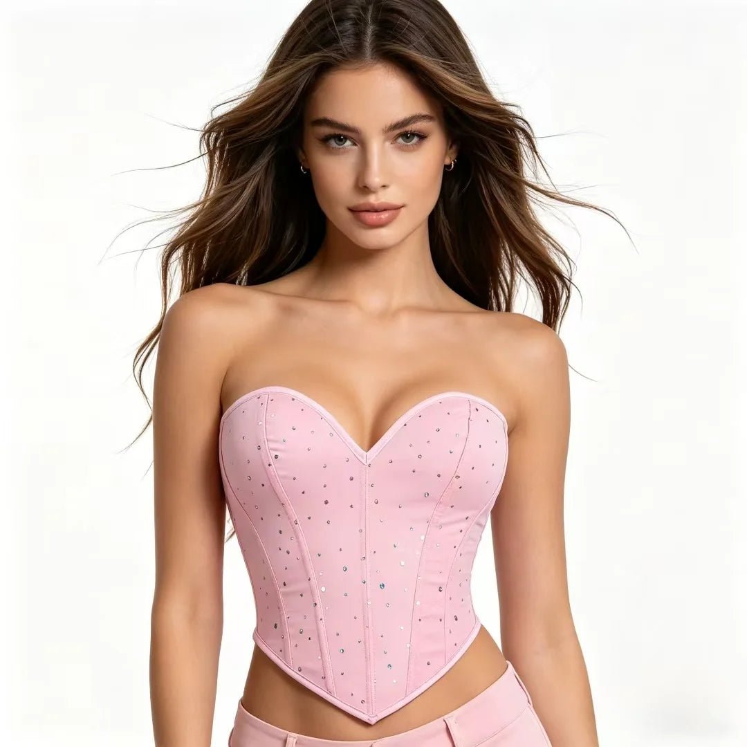 Top Corsetto Rosa Glitter con Scollo a Cuore e Stringhe Posteriori - Rosboutiquechic