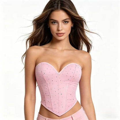 Top Corsetto Rosa Glitter con Scollo a Cuore e Stringhe Posteriori - Rosboutiquechic