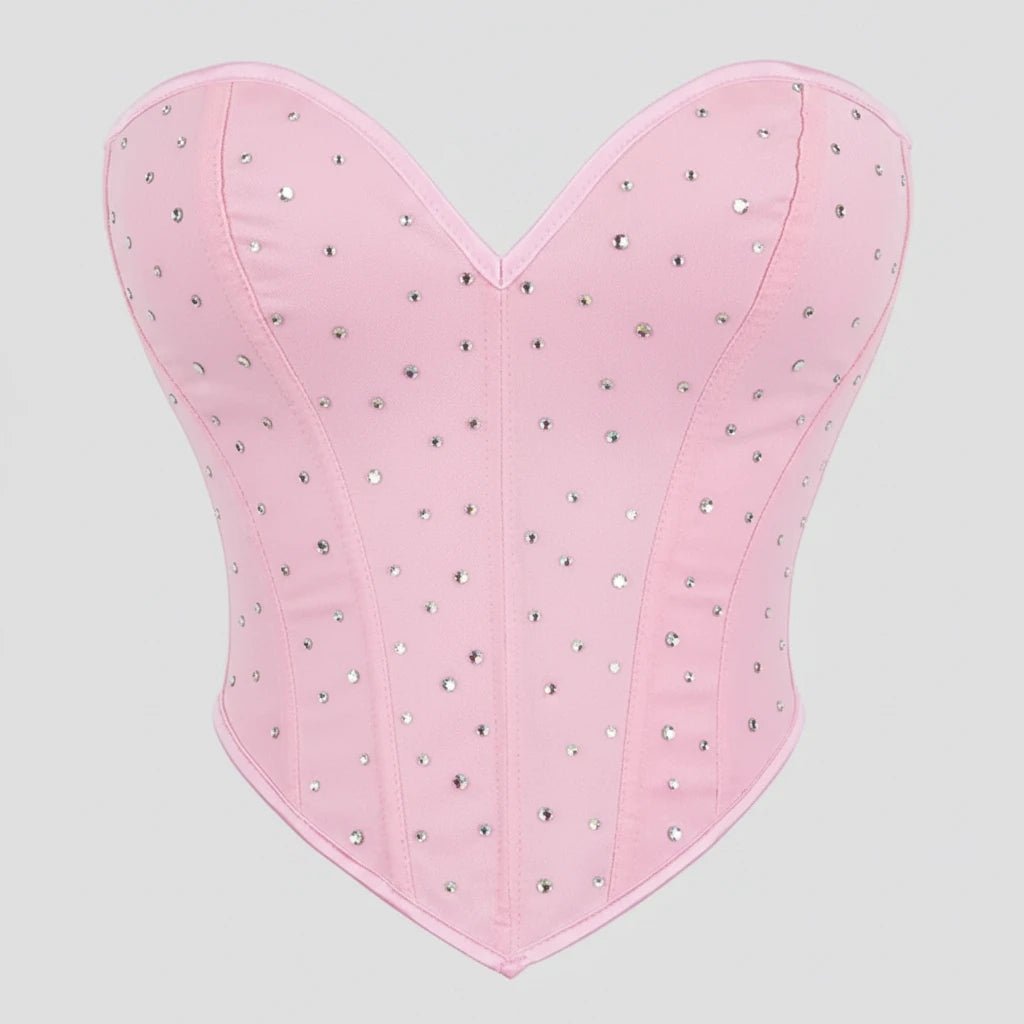 Top Corsetto Rosa Glitter con Scollo a Cuore e Stringhe Posteriori - Rosboutiquechic