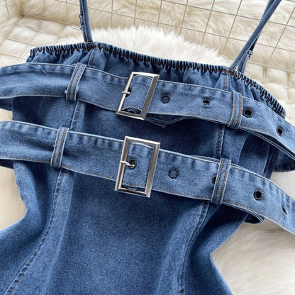 Top in Denim Asimmetrico con Fibbie e Bordi Sfrangiati - Rosboutiquechic