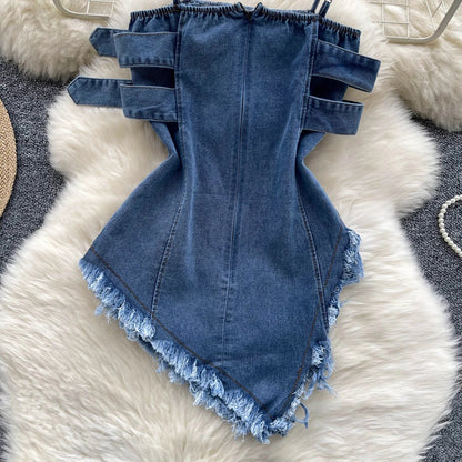 Top in Denim Asimmetrico con Fibbie e Bordi Sfrangiati - Rosboutiquechic