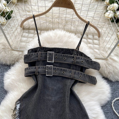 Top in Denim Asimmetrico con Fibbie e Bordi Sfrangiati - Rosboutiquechic