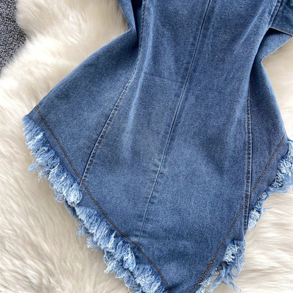 Top in Denim Asimmetrico con Fibbie e Bordi Sfrangiati - Rosboutiquechic