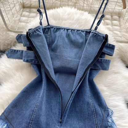 Top in Denim Asimmetrico con Fibbie e Bordi Sfrangiati - Rosboutiquechic