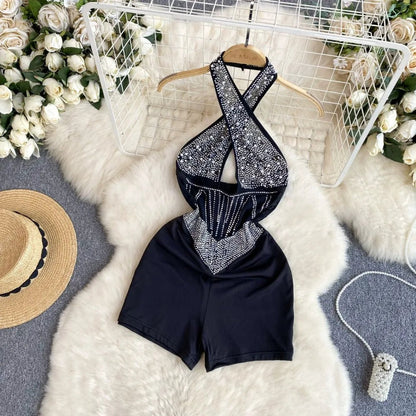 Tutina Corta con Strass e Scollo a Incrocio - Nero Elegante - Rosboutiquechic