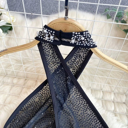 Tutina Corta con Strass e Scollo a Incrocio - Nero Elegante - Rosboutiquechic