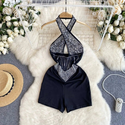 Tutina Corta con Strass e Scollo a Incrocio - Nero Elegante - Rosboutiquechic