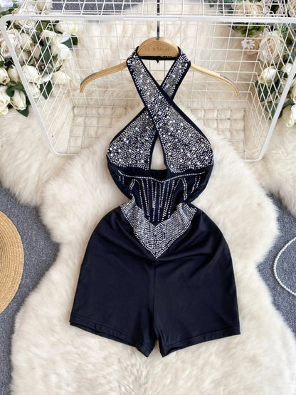 Tutina Corta con Strass e Scollo a Incrocio - Nero Elegante - Rosboutiquechic