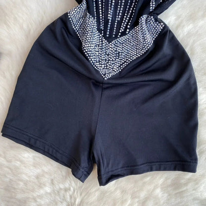 Tutina Corta con Strass e Scollo a Incrocio - Nero Elegante - Rosboutiquechic