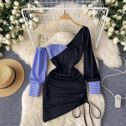 Vestito con Dettaglio Camicia Rigata e Drappeggio - Rosboutiquechic