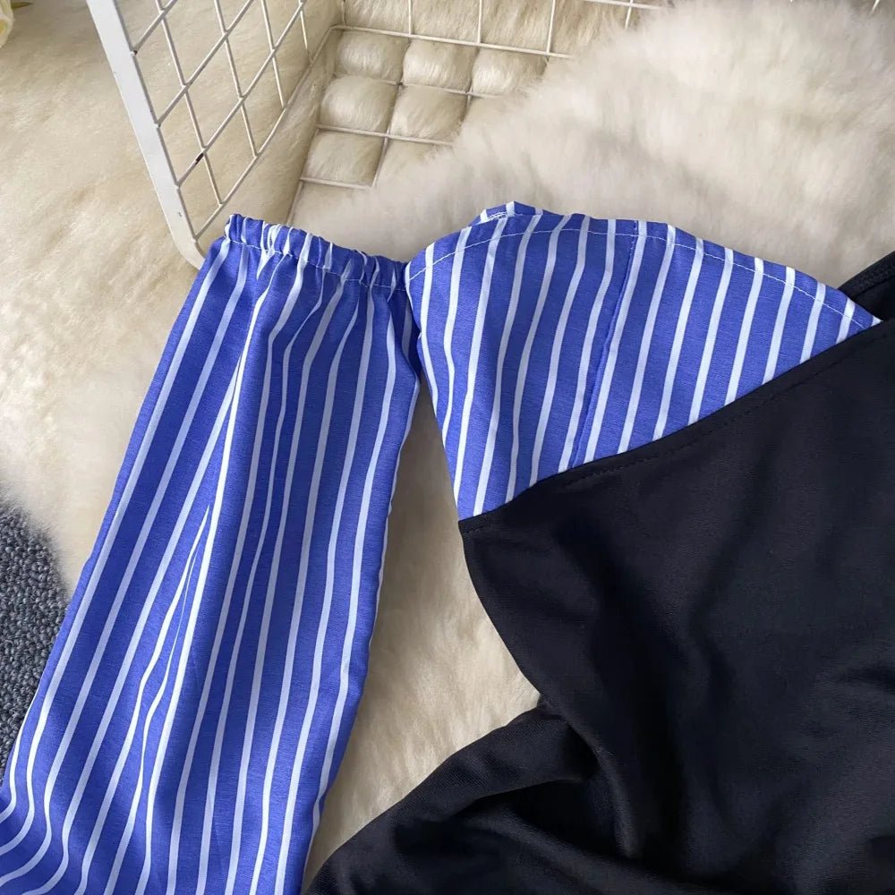 Vestito con Dettaglio Camicia Rigata e Drappeggio - Rosboutiquechic